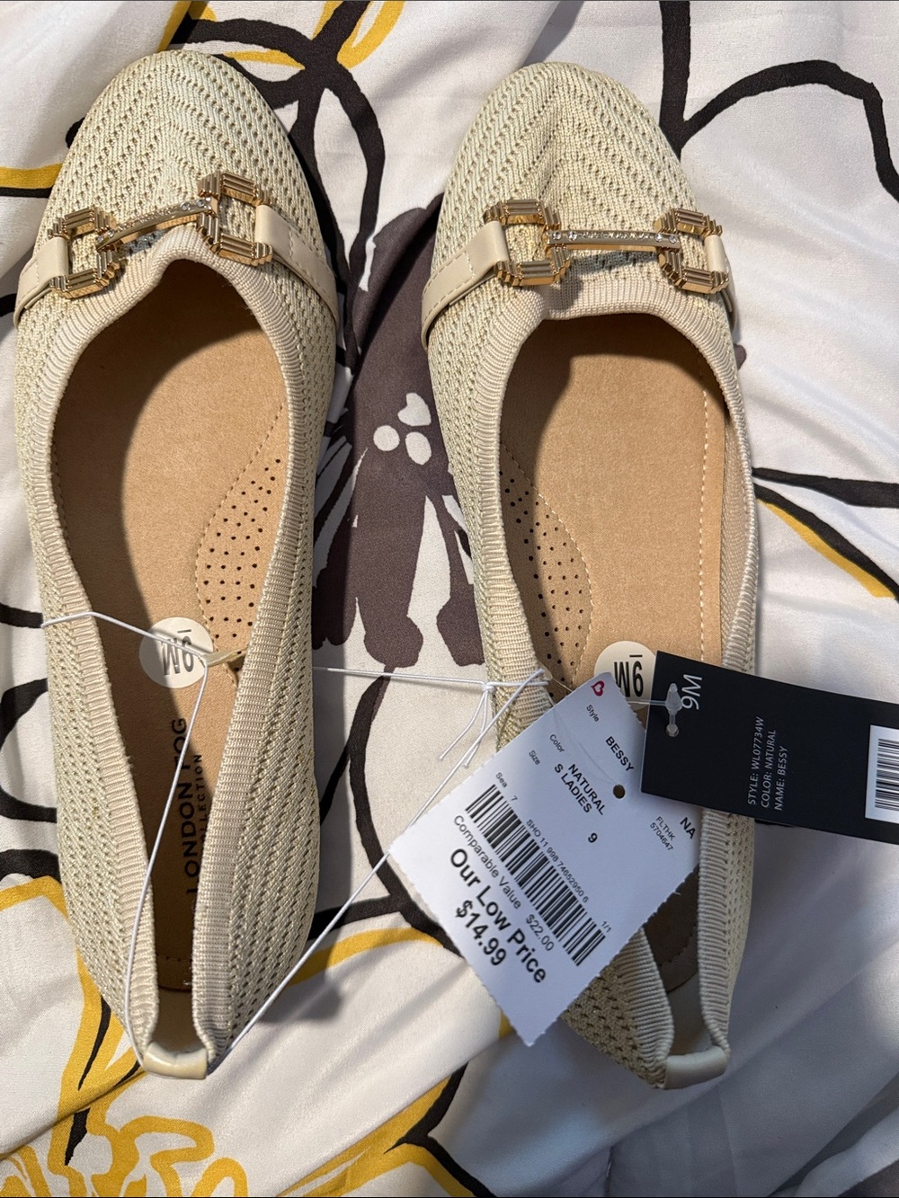London Fog Cream Braided Ballet Flats with Gold Chain Accent